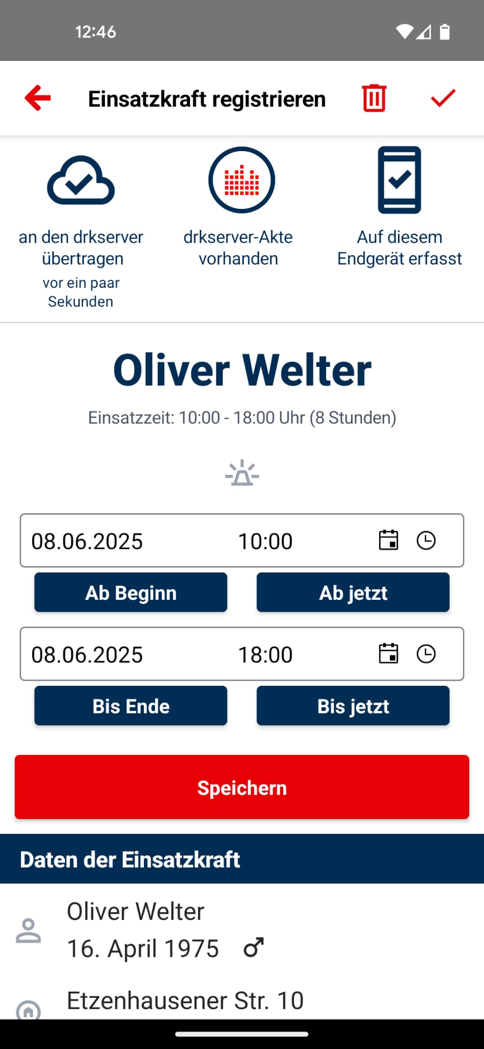 Projekt drkserver > Tipp der Woche KW24/25: Dienstzeiten direkt vor Ort erfassen mit der "DRK Hier!" App > Eingebucht.png